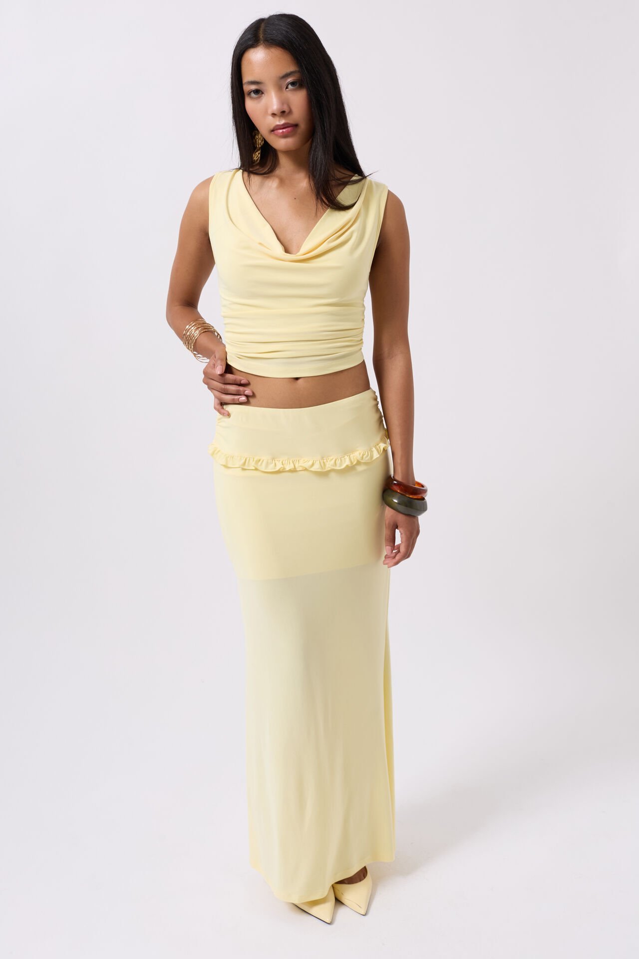 Wholesale Fold Waist Detail Maxi Yellow Skirt