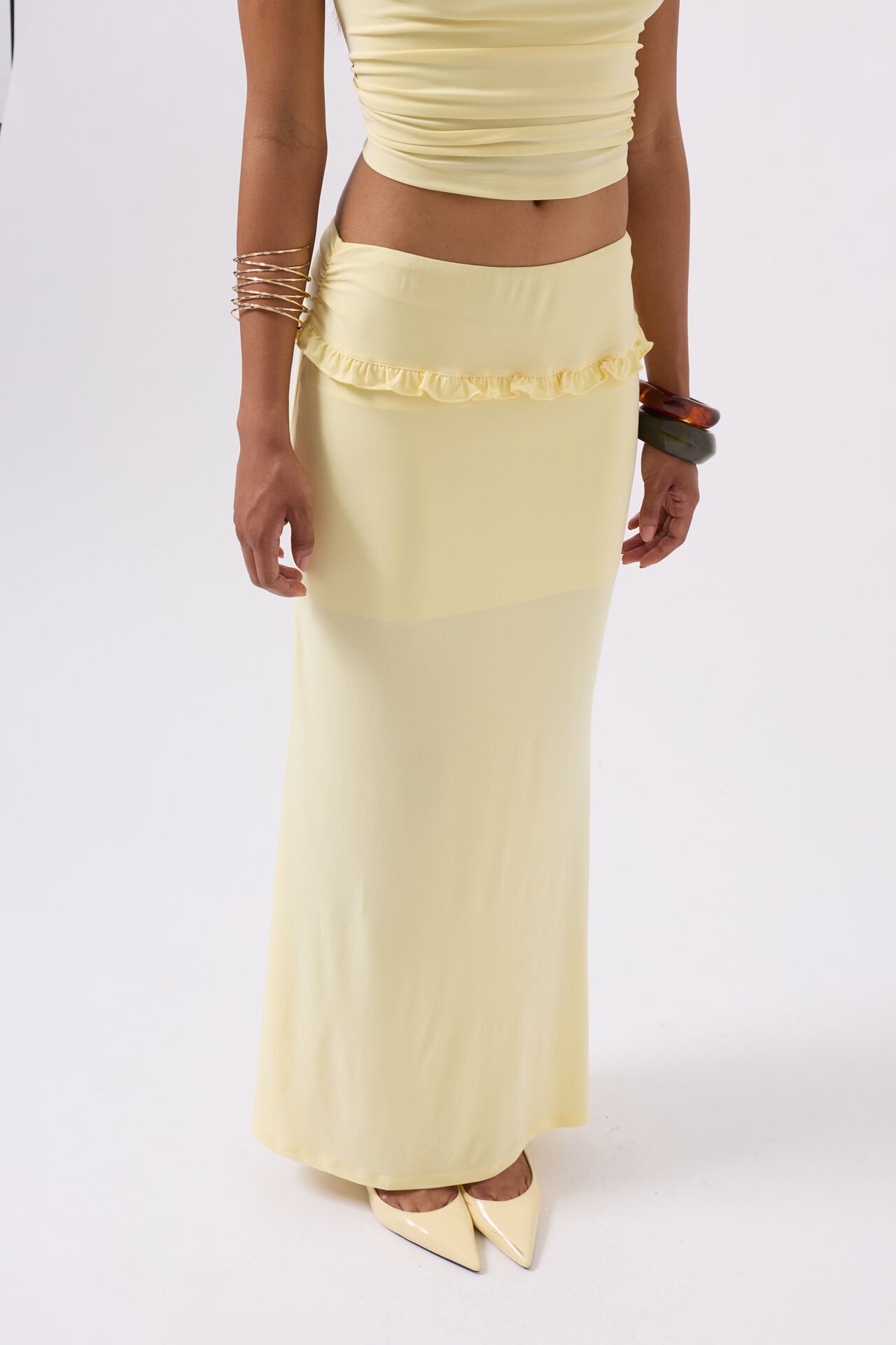 Wholesale Fold Waist Detail Maxi Yellow Skirt