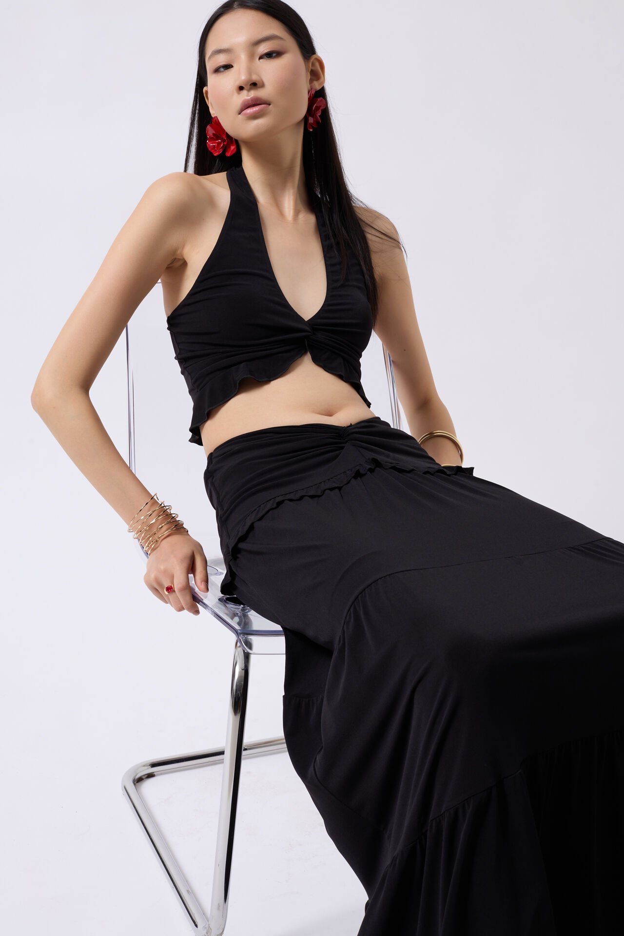 Wholesale Knot Detail Ruffle Black Crop