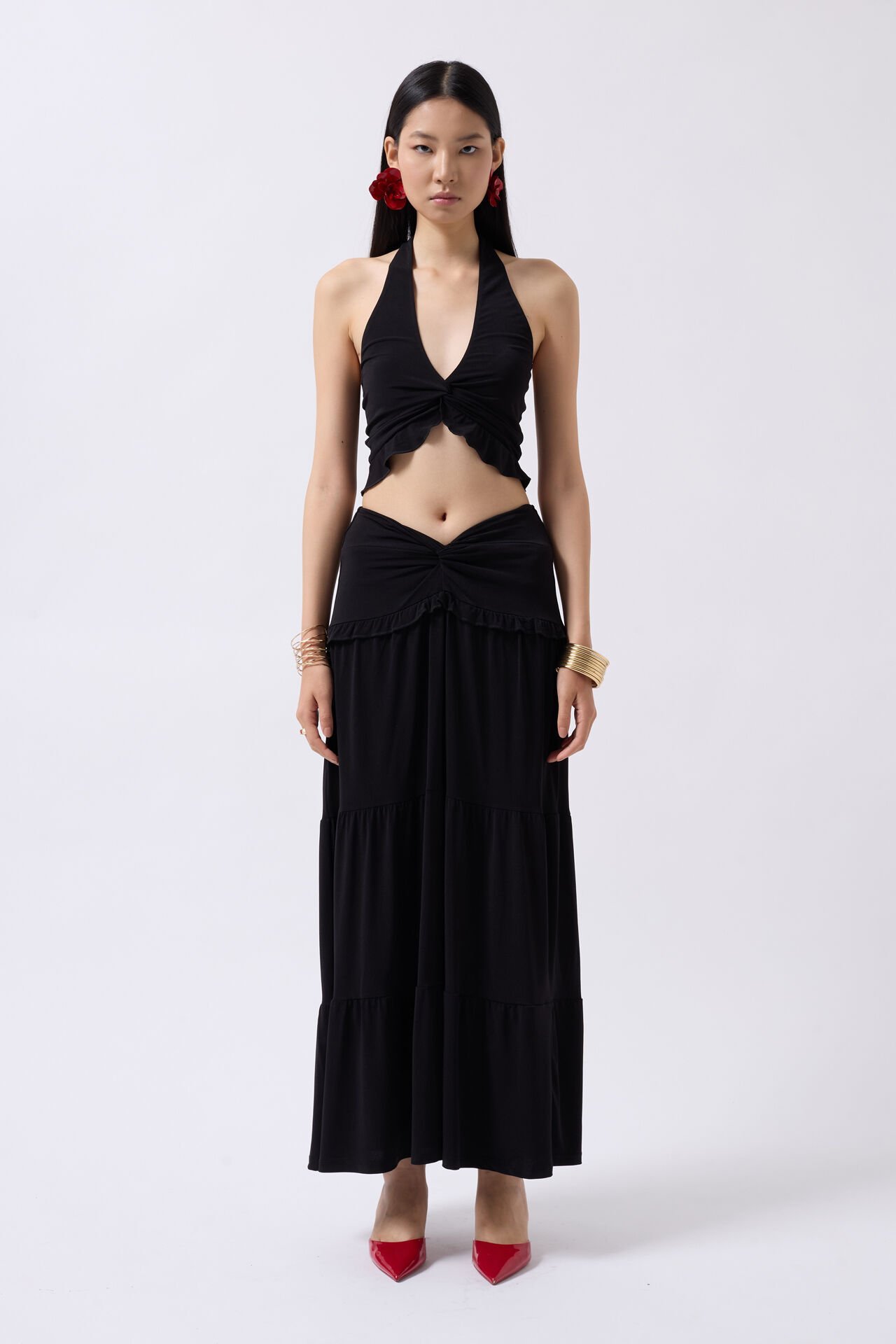 Wholesale Knot Detail Ruffle Black Crop