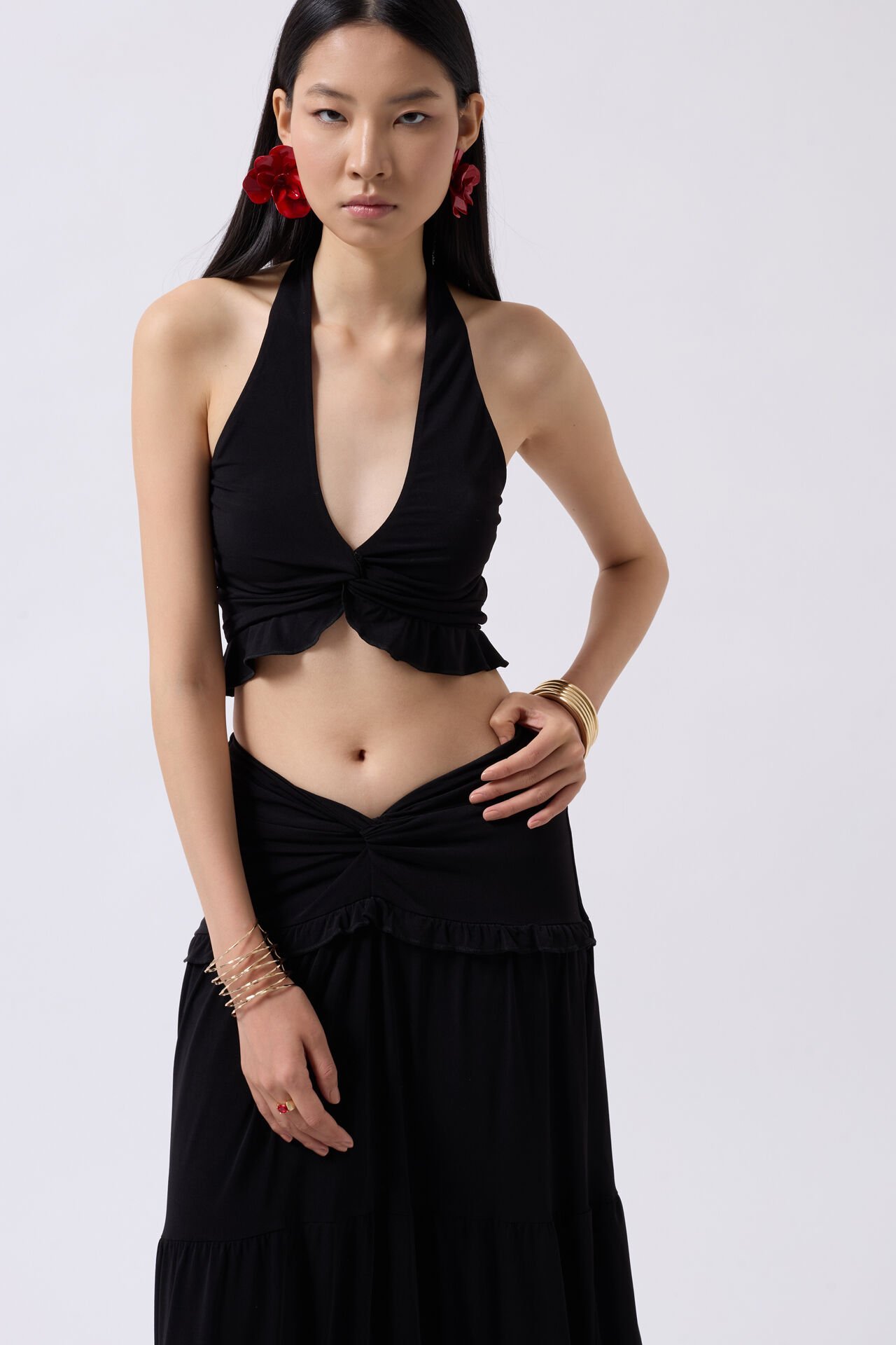 Wholesale Knot Detail Ruffle Black Crop