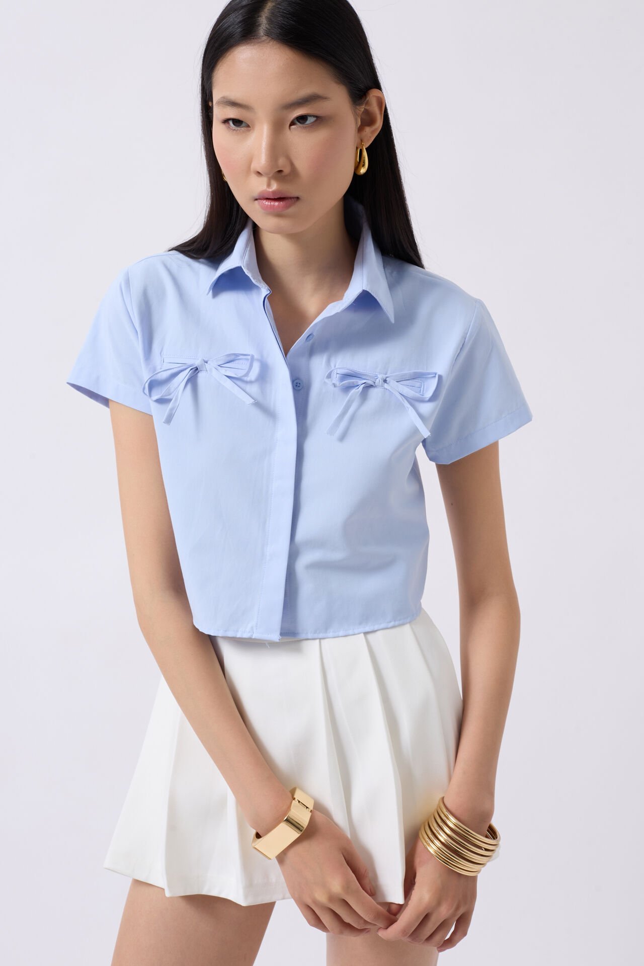 Wholesale Ribbon Detail Crop Blue Shirt