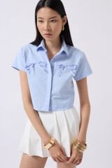 Wholesale Ribbon Detail Crop Blue Shirt