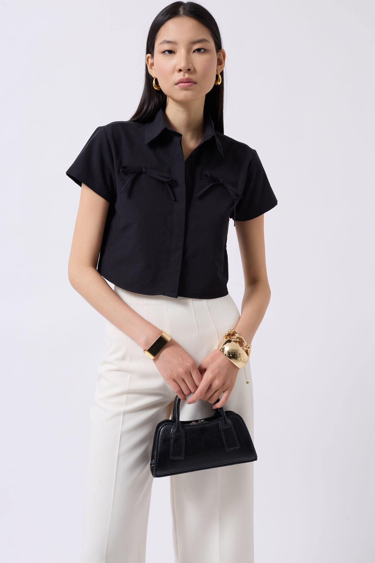 Wholesale Ribbon Detail Crop Black Shirt