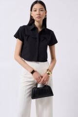 Wholesale Ribbon Detail Crop Black Shirt