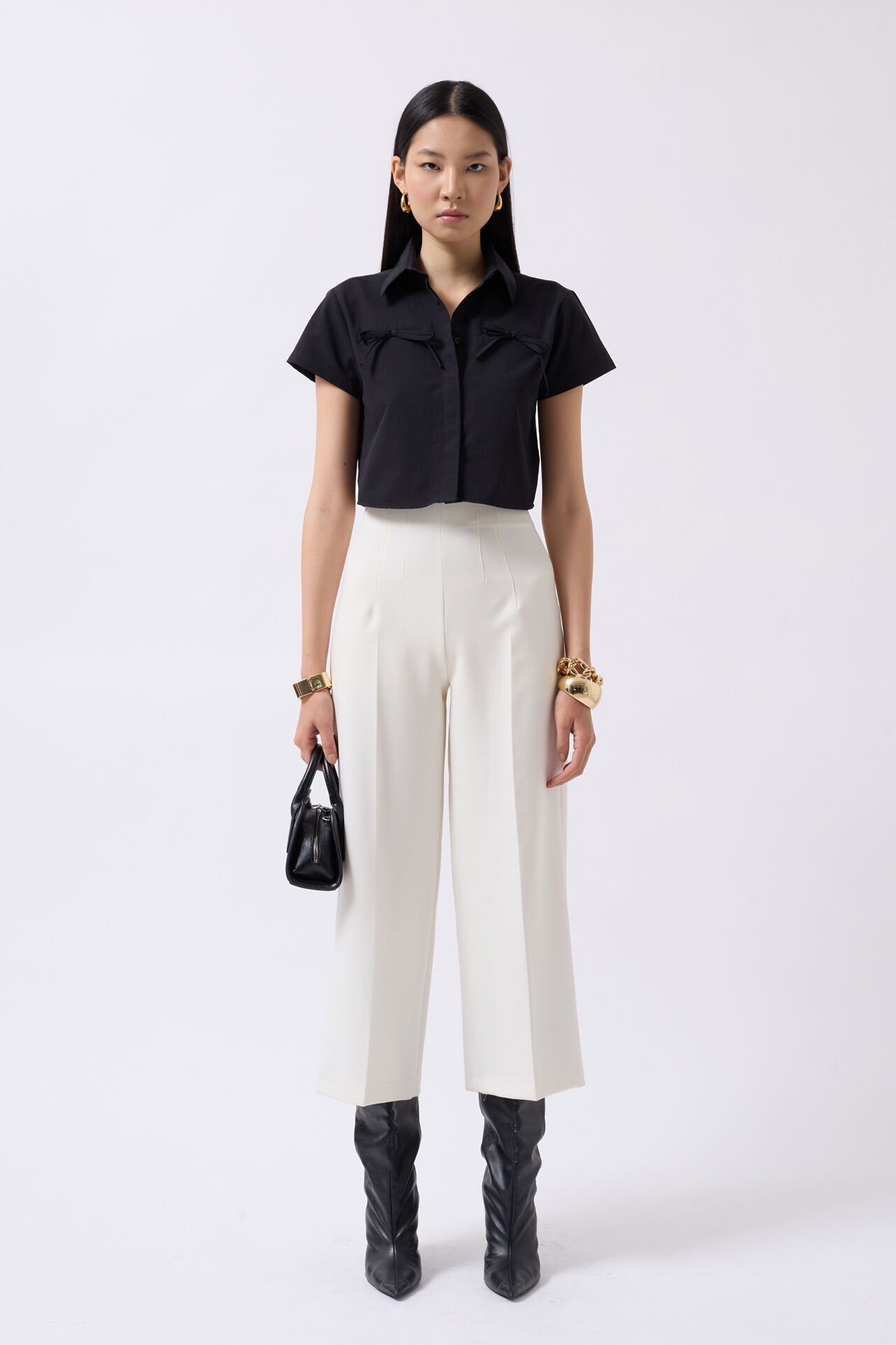 Wholesale Ribbon Detail Crop Black Shirt