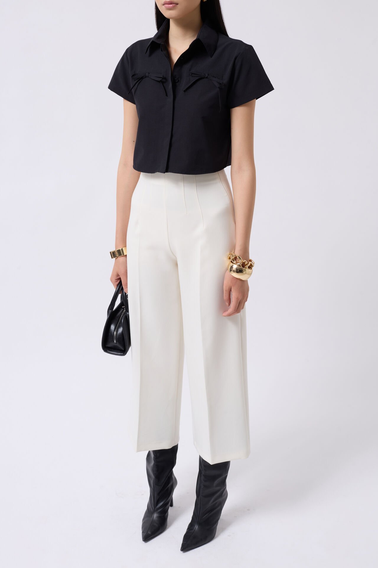 Wholesale Ribbon Detail Crop Black Shirt