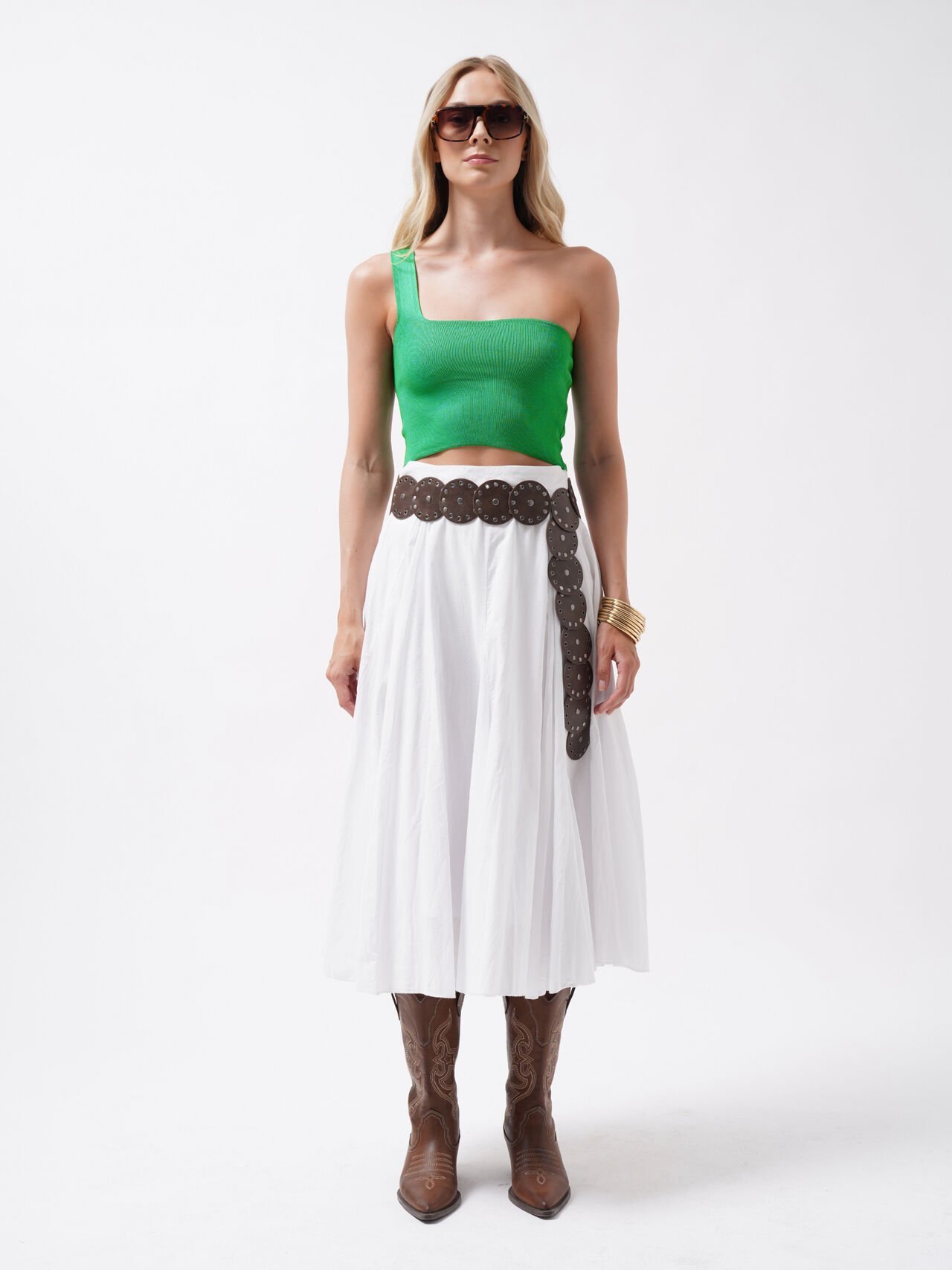 Toptan Tek Omuz Crop Yeşil Bluz