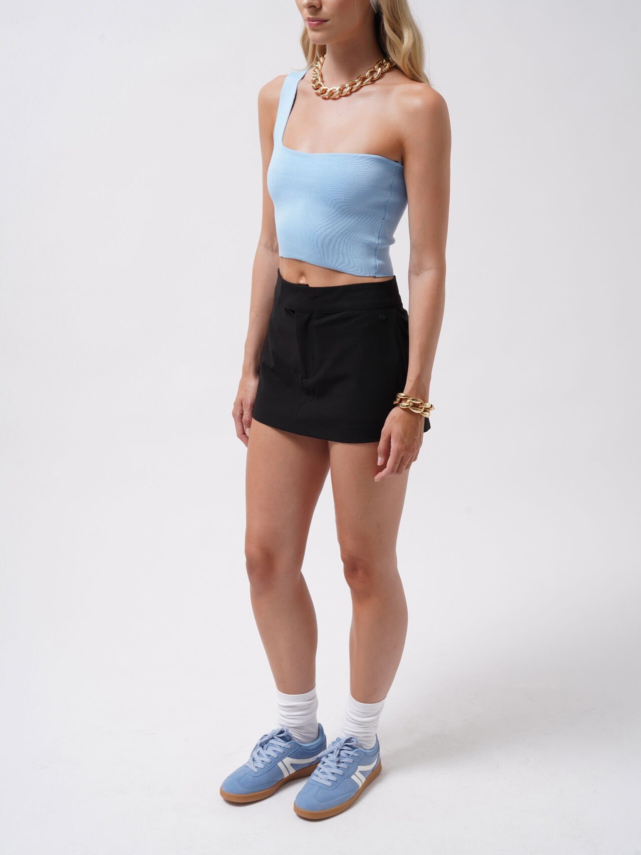 Toptan Tek Omuz Crop Mavi Bluz