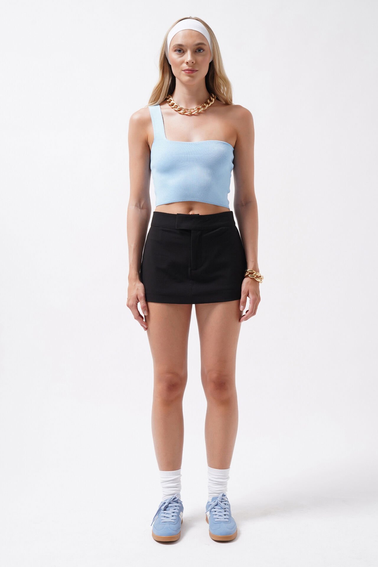 Toptan Tek Omuz Crop Mavi Bluz