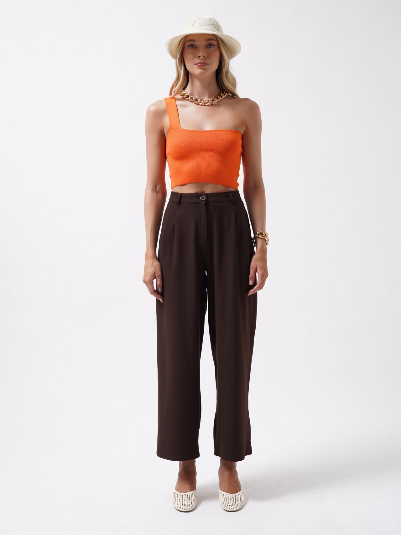 Toptan Tek Omuz Crop Turuncu Bluz