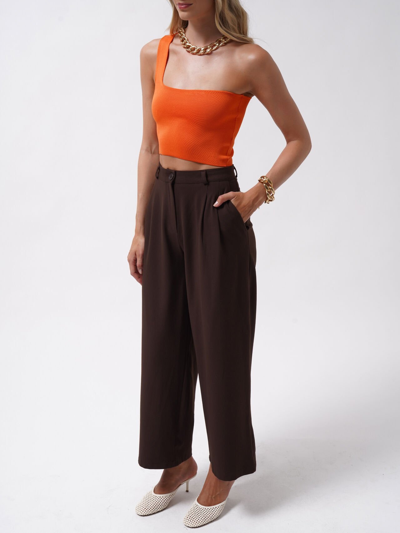 Toptan Tek Omuz Crop Turuncu Bluz