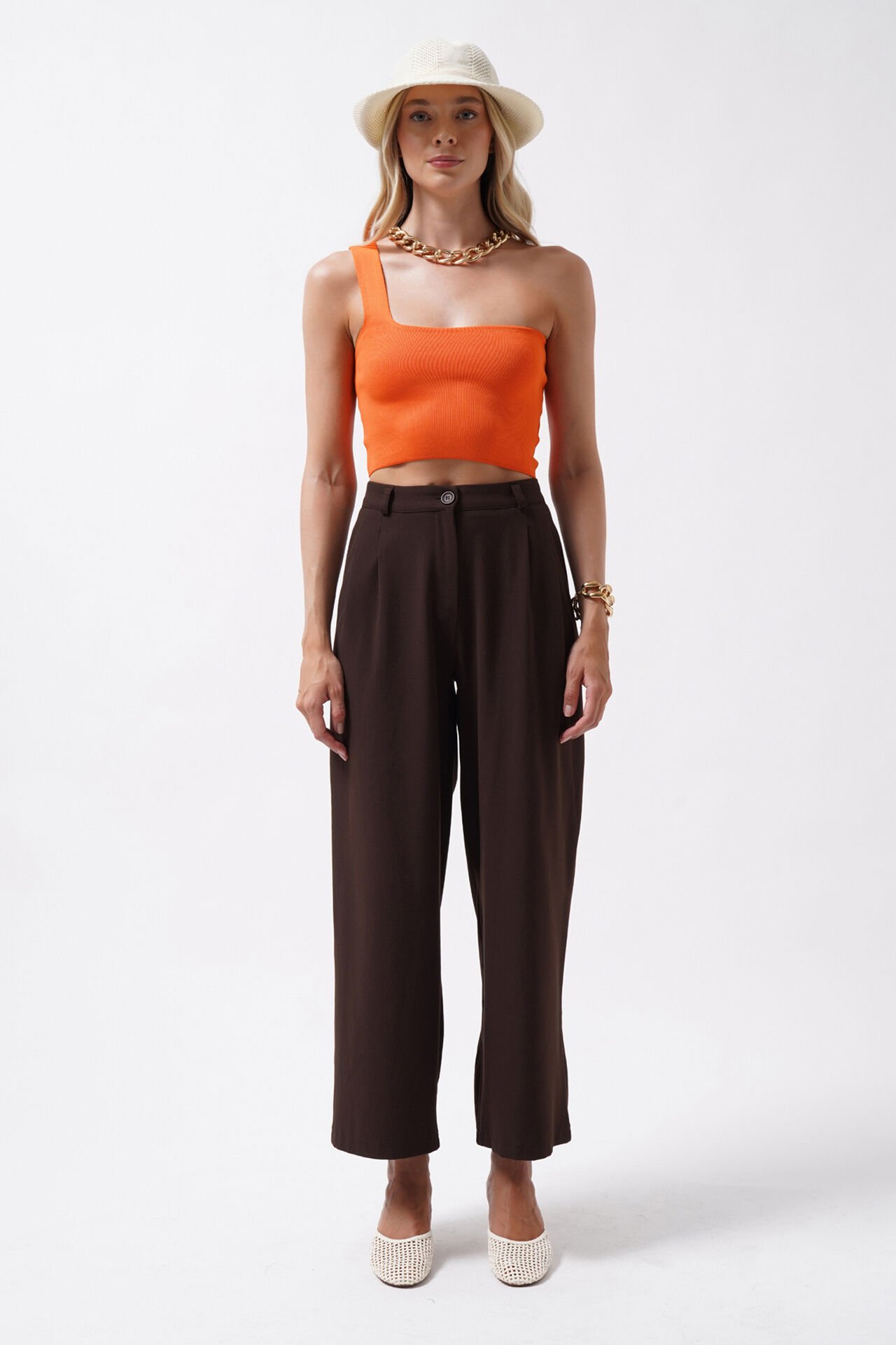 Toptan Tek Omuz Crop Turuncu Bluz