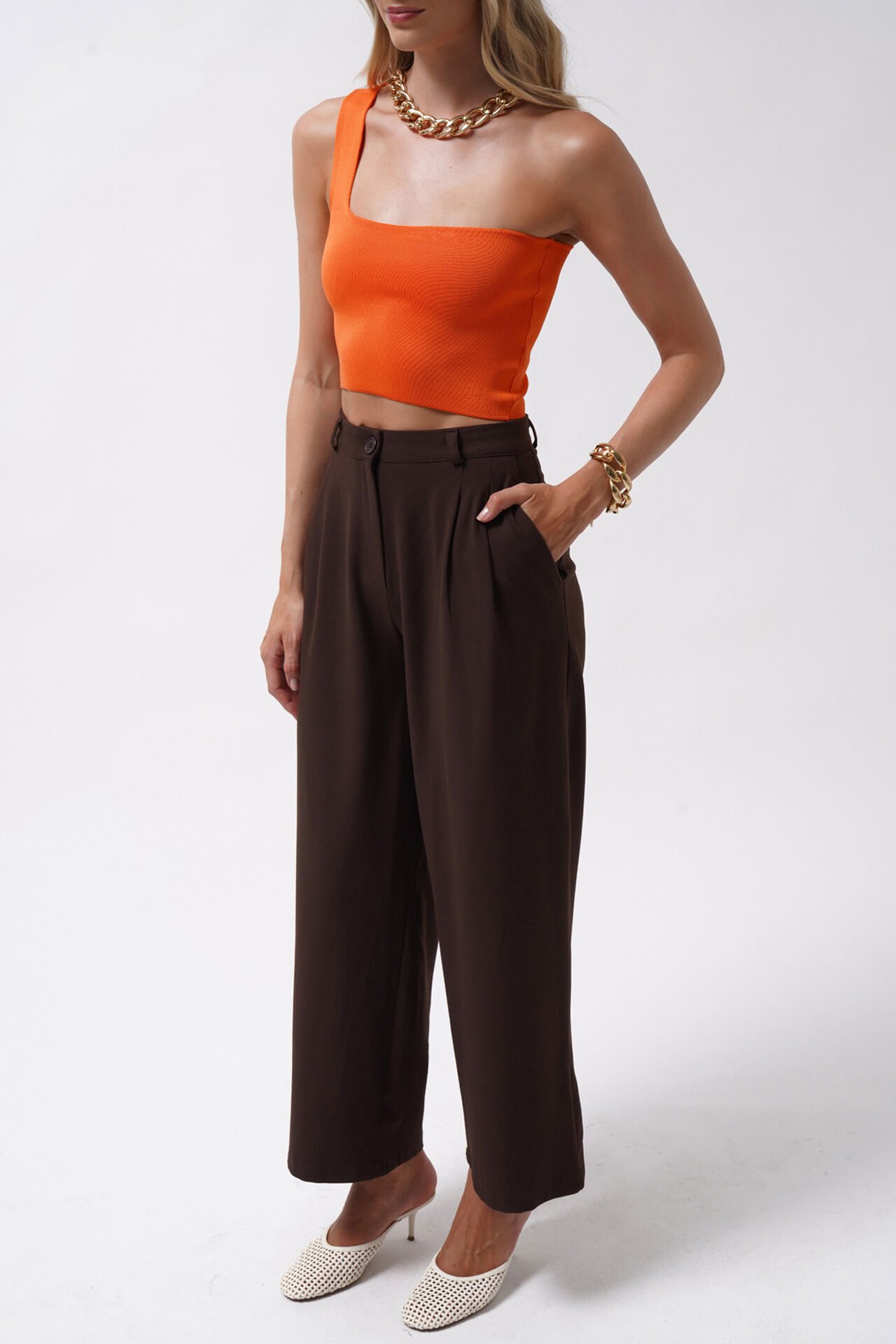 Toptan Tek Omuz Crop Turuncu Bluz
