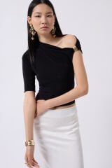 Toptan Aksesuar Detay Cutout Siyah Bluz