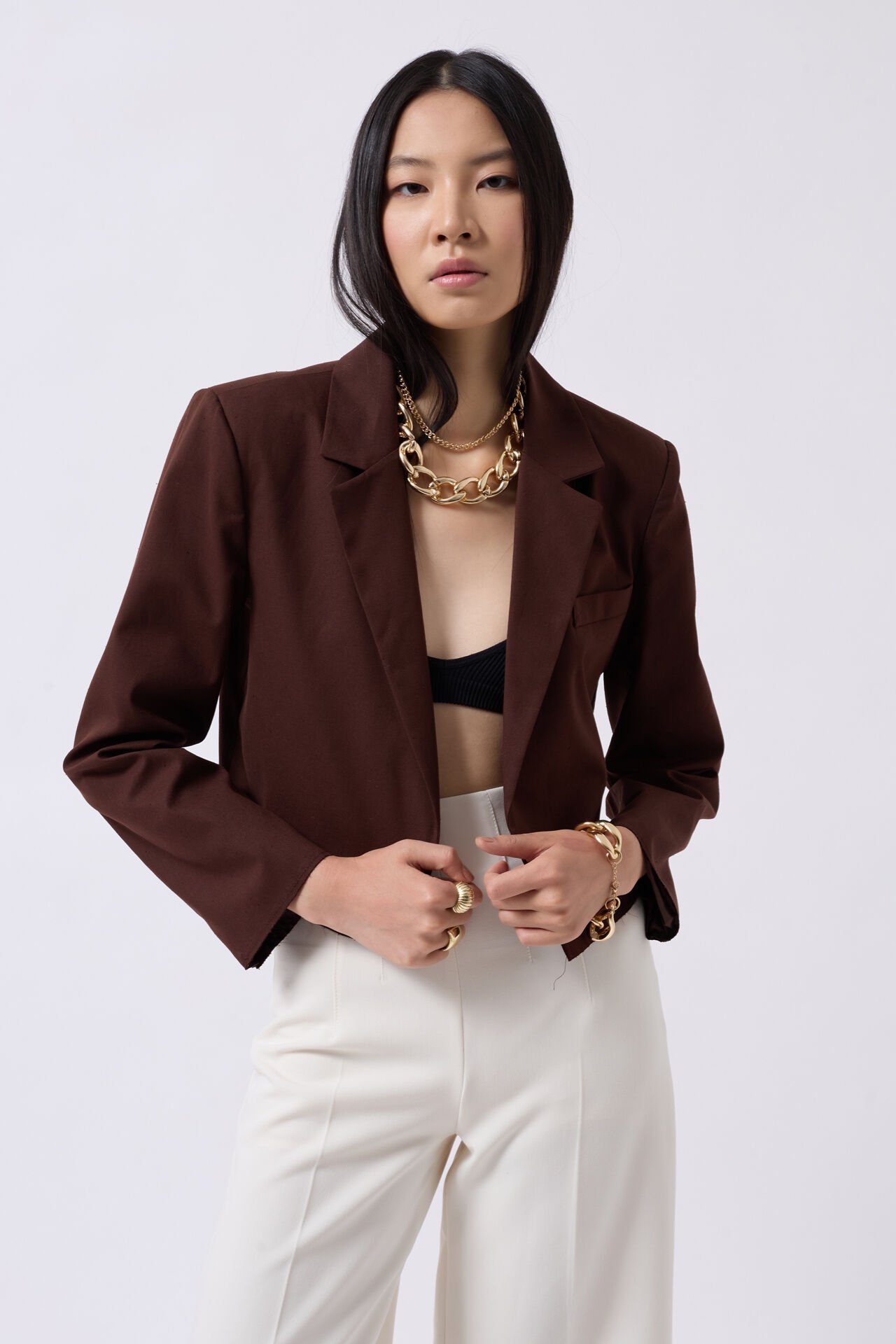 Toptan Crop Keten Blazer Kahverengi Ceket