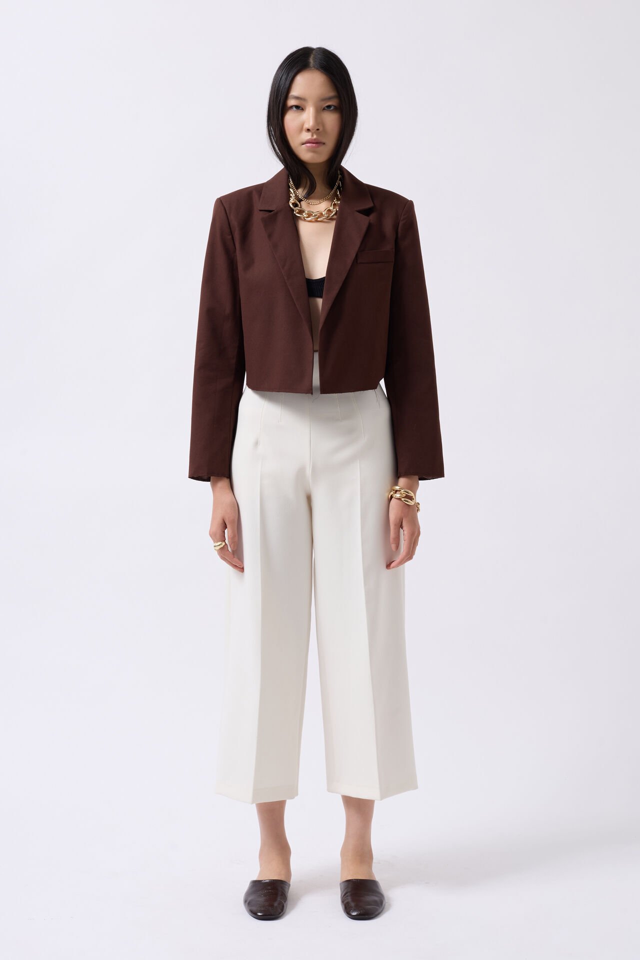 Toptan Crop Keten Blazer Kahverengi Ceket