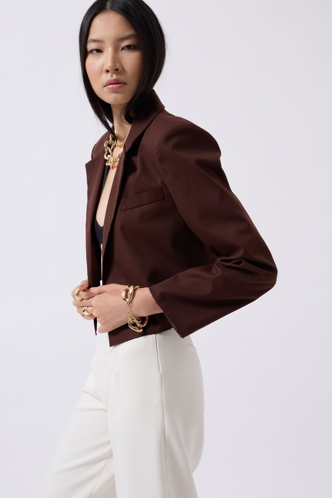 Toptan Crop Keten Blazer Kahverengi Ceket