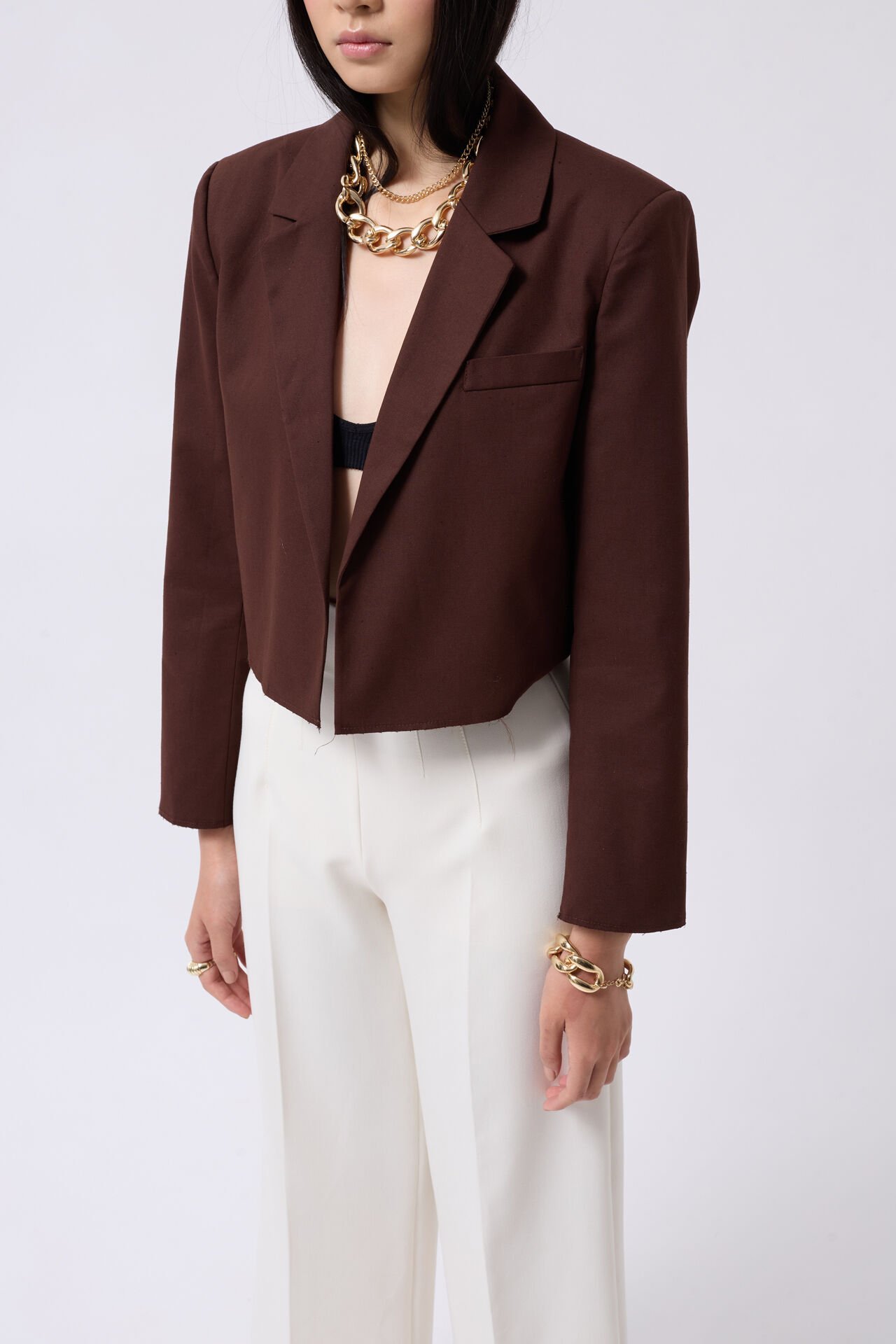 Toptan Crop Keten Blazer Kahverengi Ceket