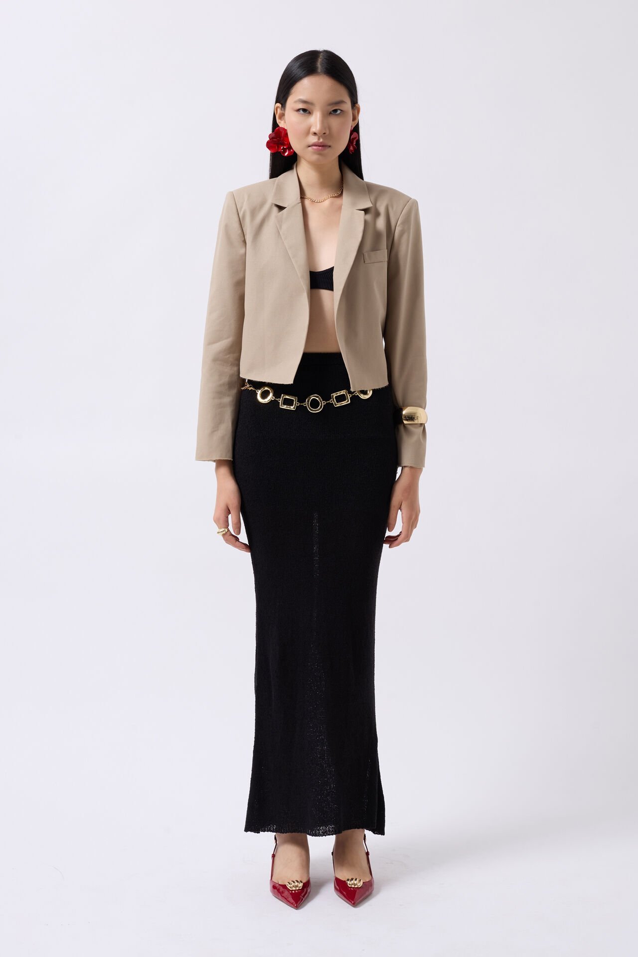 Toptan Crop Keten Blazer Bej Ceket