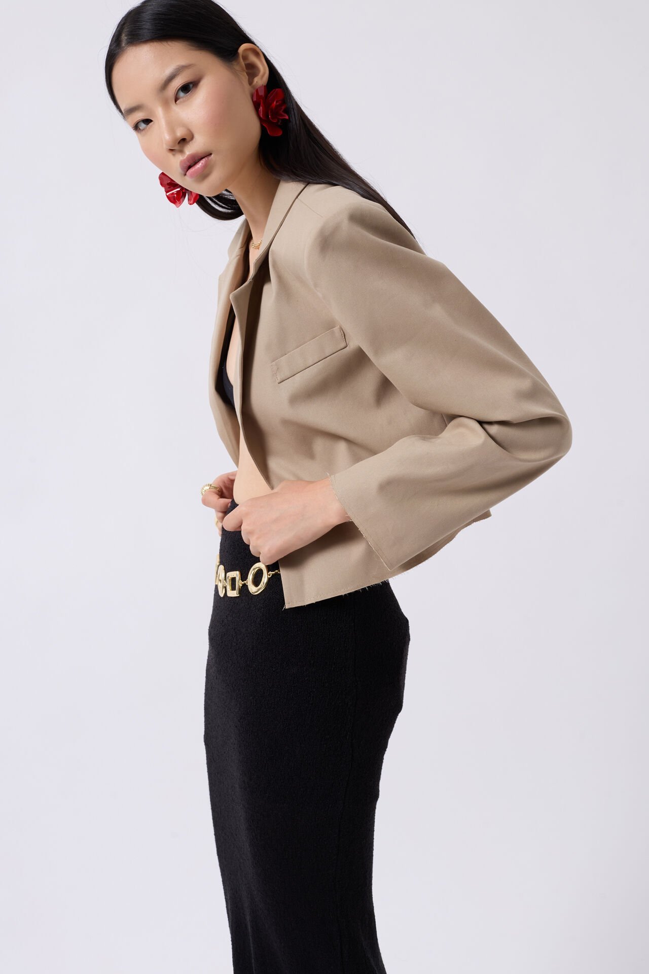 Toptan Crop Keten Blazer Bej Ceket