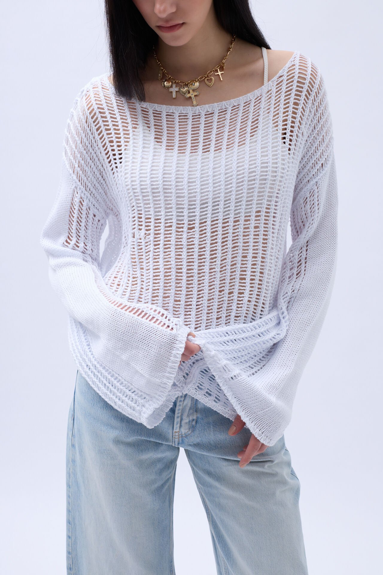 Boat Neck Openwork Blouse