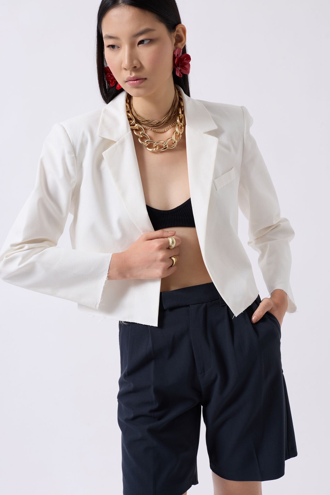 Toptan Crop Keten Blazer Beyaz Ceket