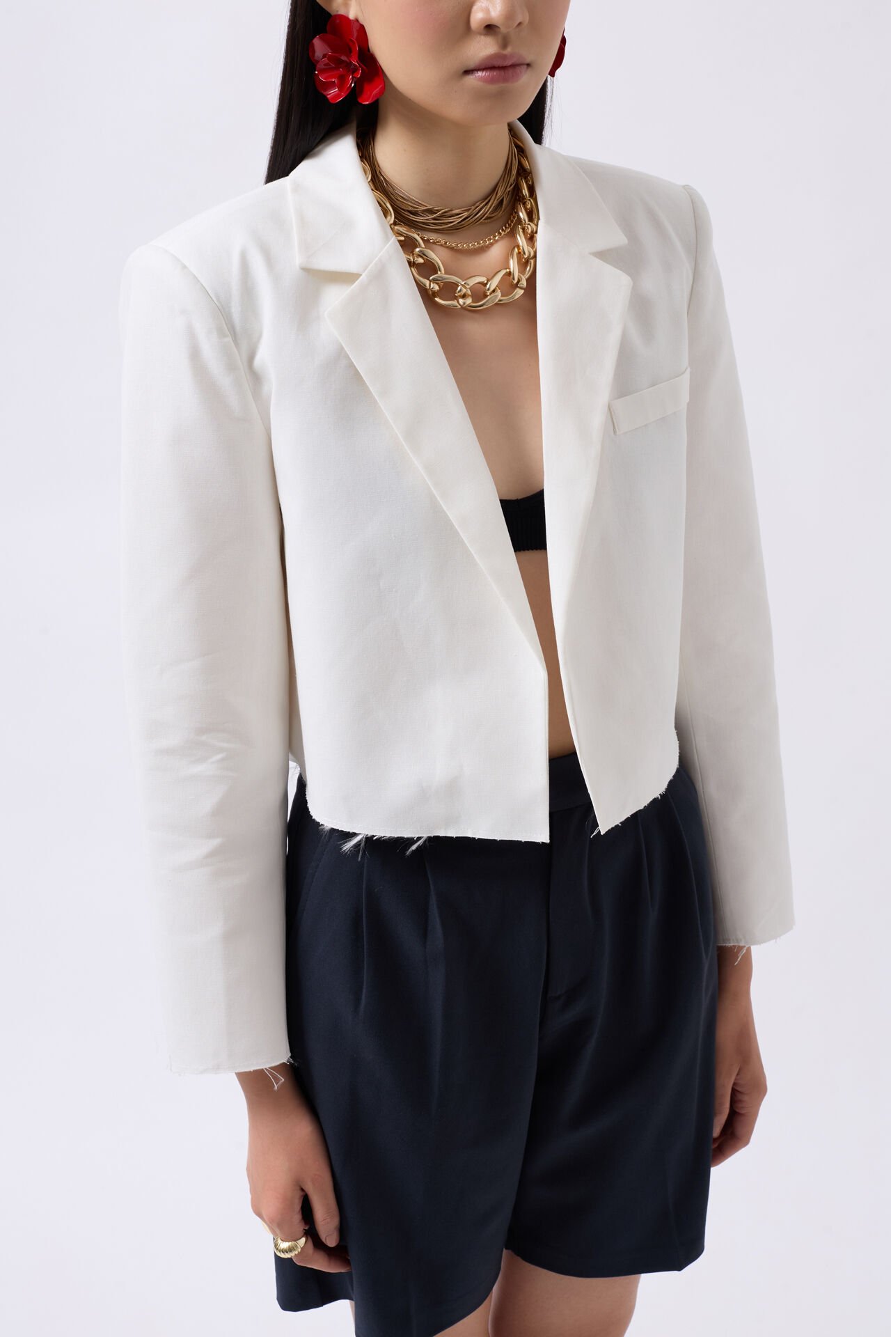 Toptan Crop Keten Blazer Beyaz Ceket