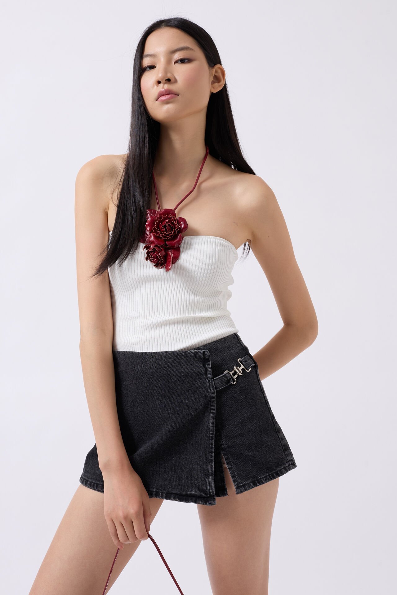 Toptan Kemer Detay Denim Siyah Şort Etek