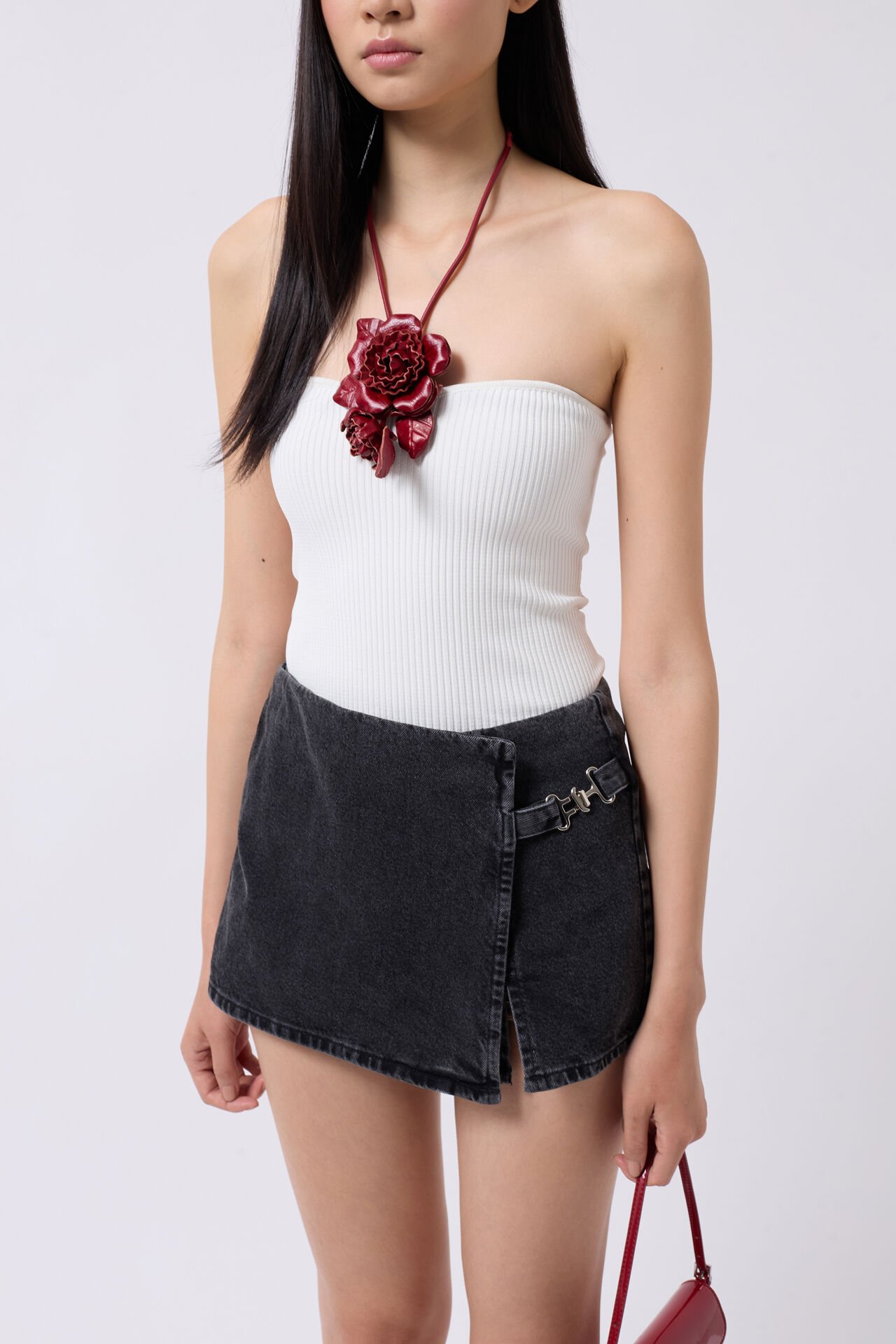 Toptan Kemer Detay Denim Siyah Şort Etek