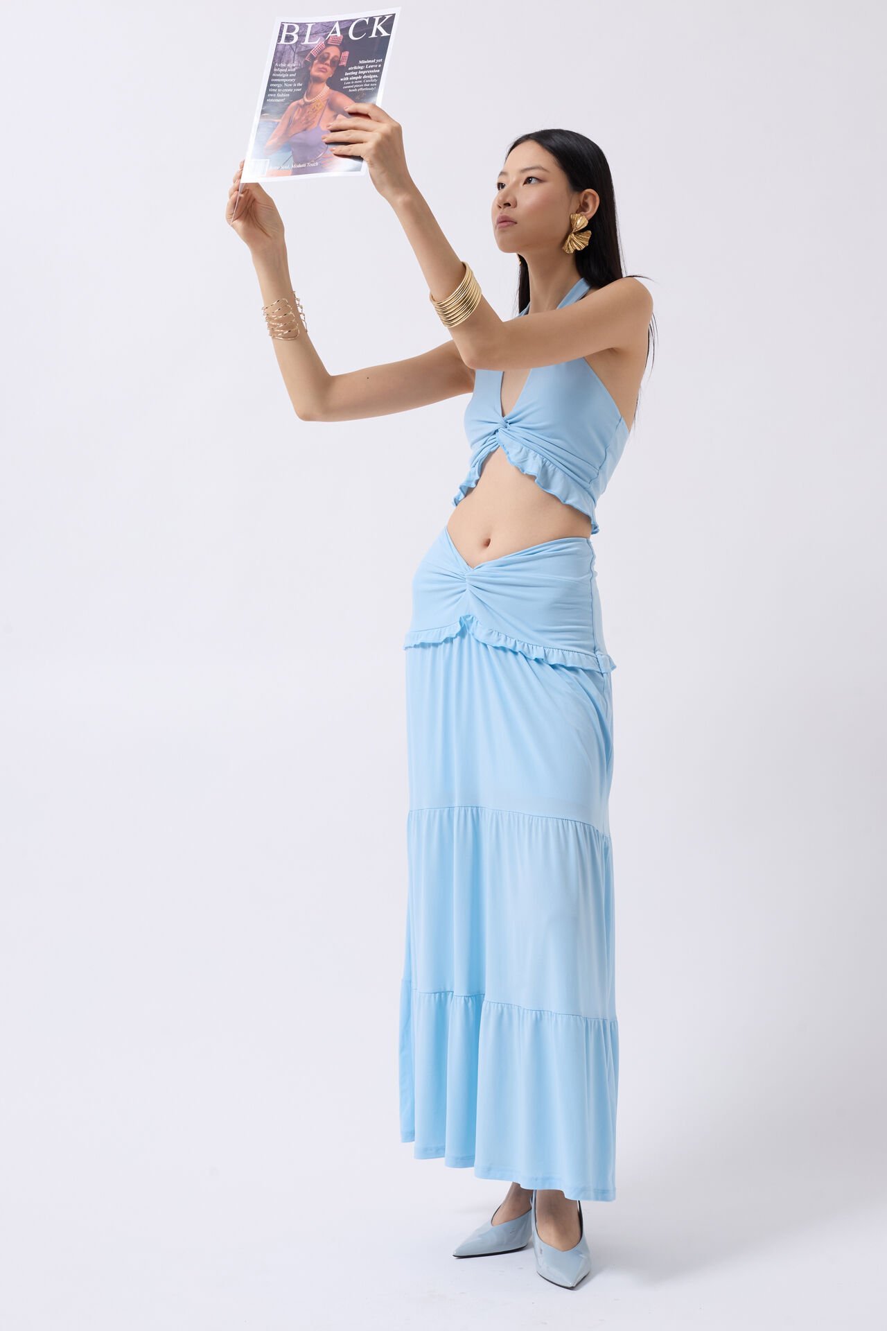 Wholesale Gathered Detail Asymmetric Waist Baby Blue Skirt