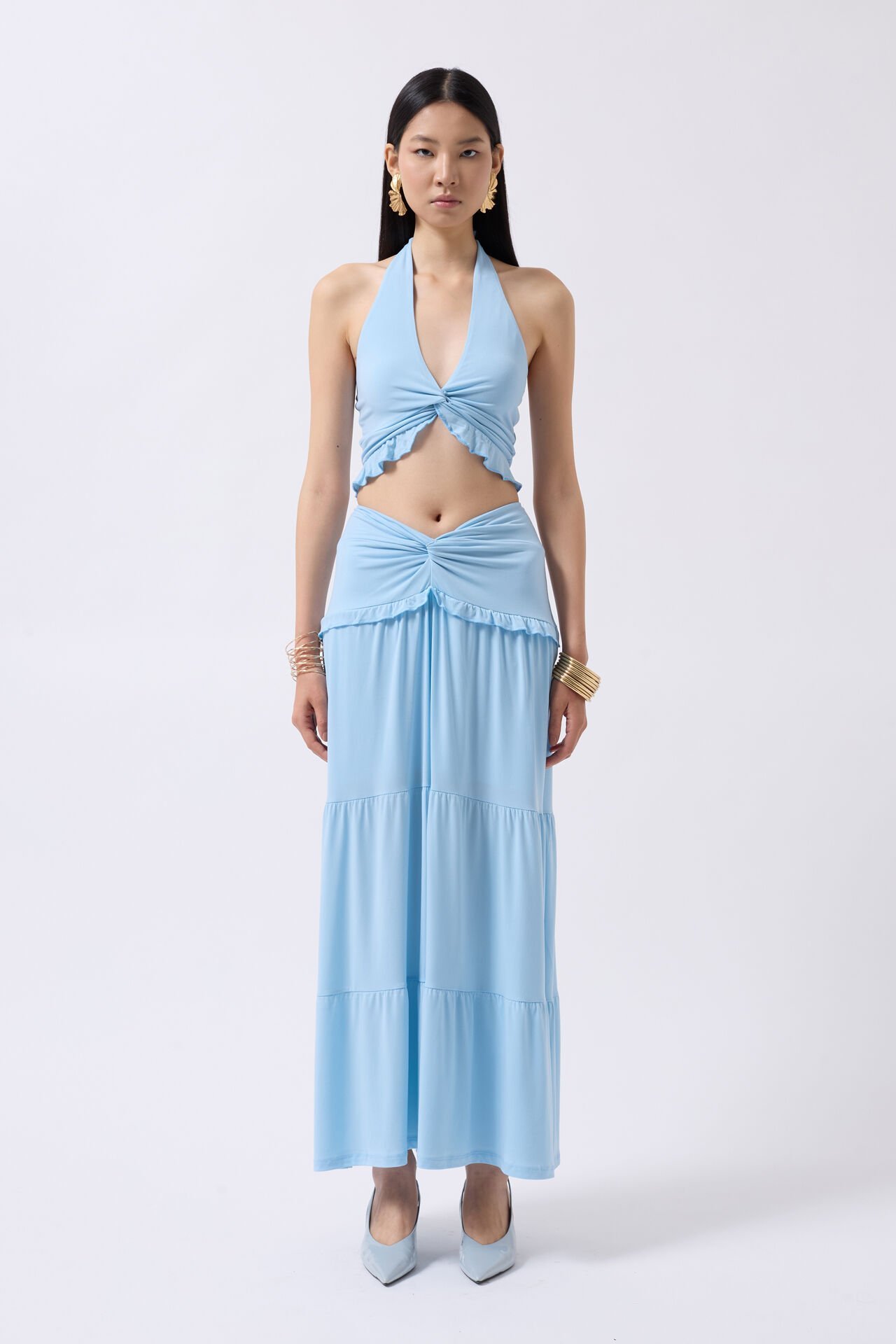 Wholesale Gathered Detail Asymmetric Waist Baby Blue Skirt
