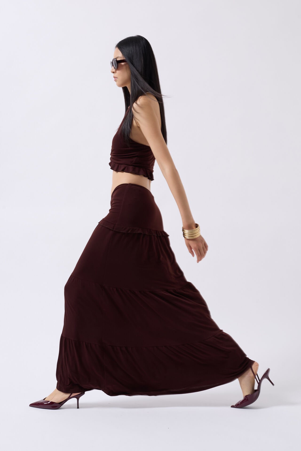 Wholesale Gathered Detail Asymmetric Waist Brown Skirt