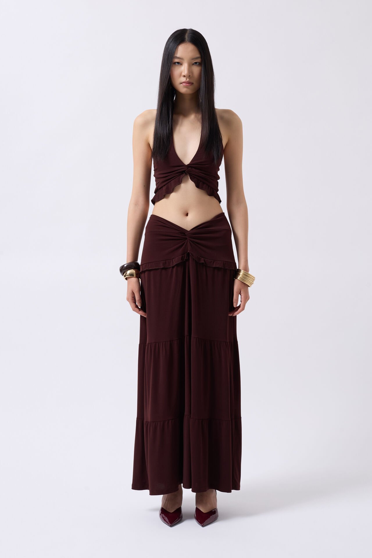 Wholesale Gathered Detail Asymmetric Waist Brown Skirt