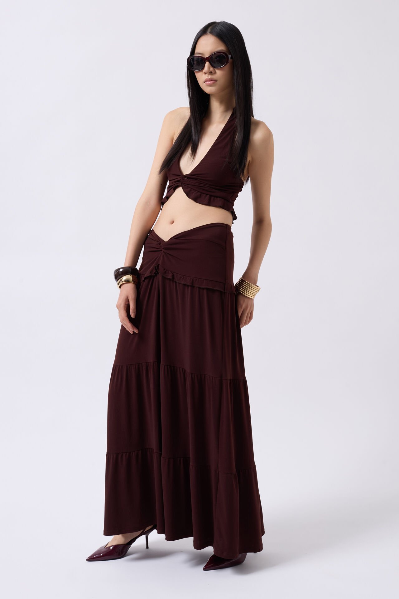 Wholesale Gathered Detail Asymmetric Waist Brown Skirt