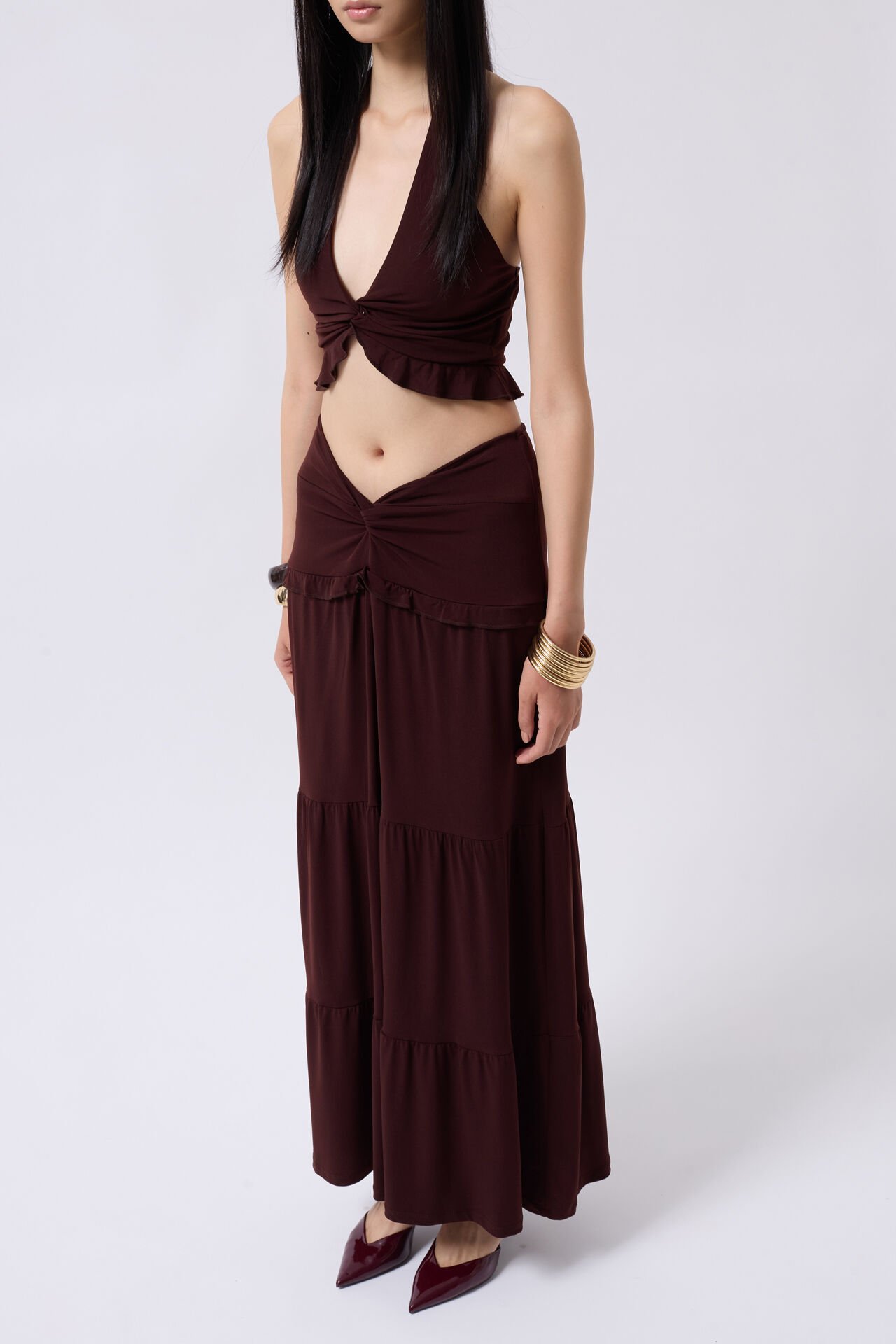 Wholesale Gathered Detail Asymmetric Waist Brown Skirt
