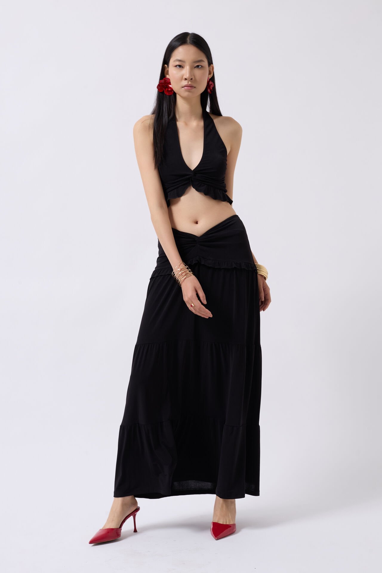 Wholesale Gathered Detail Asymmetric Waist Black Skirt
