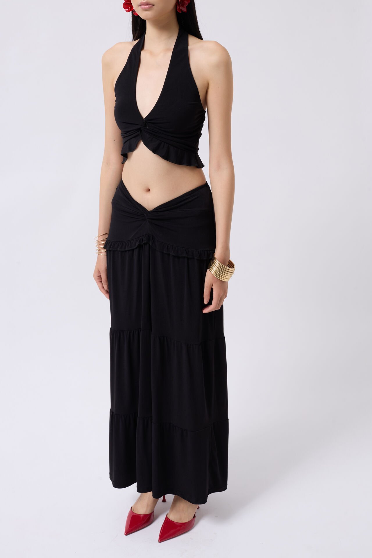 Wholesale Gathered Detail Asymmetric Waist Black Skirt