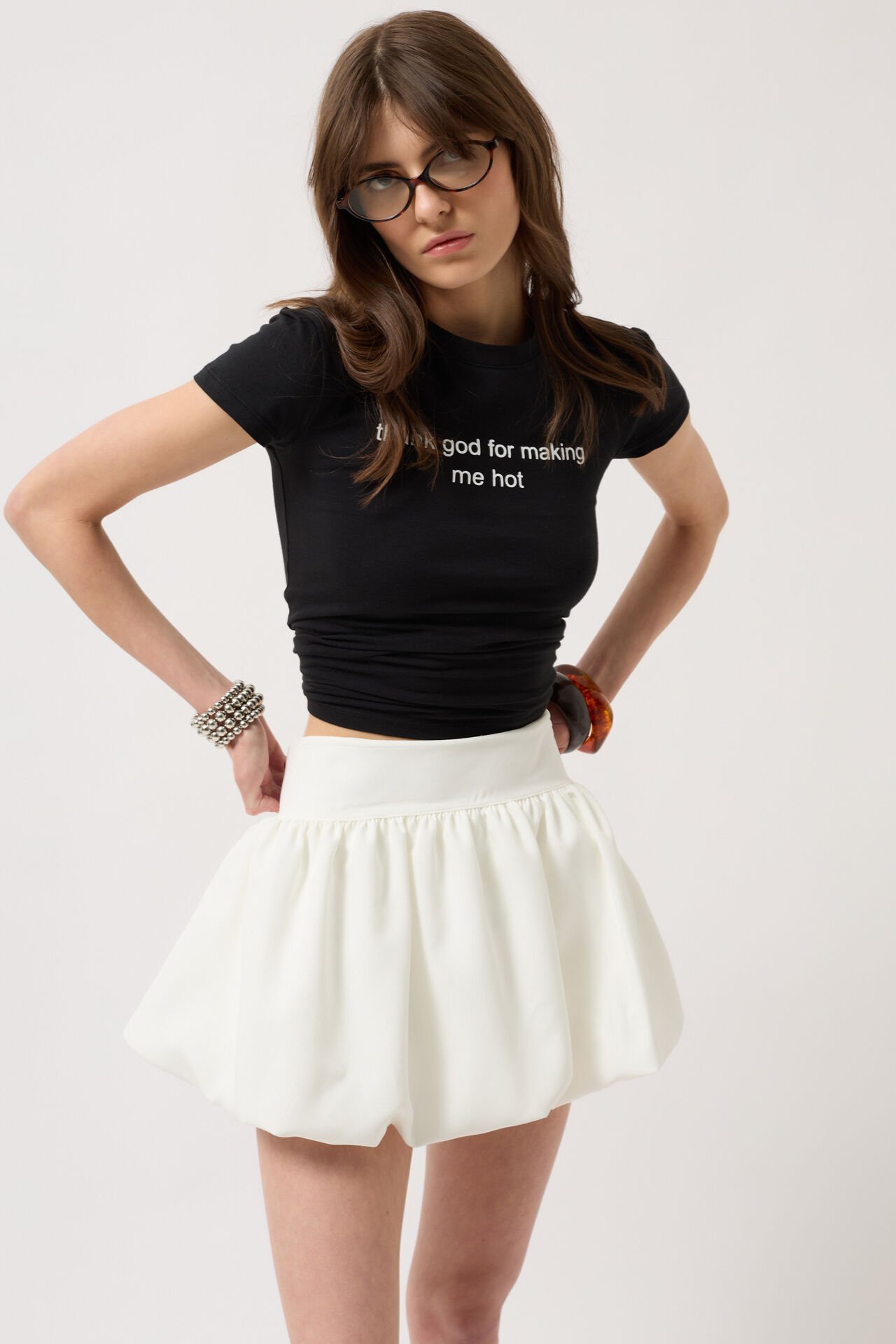 Toptan Balon Detay Mini Beyaz Etek