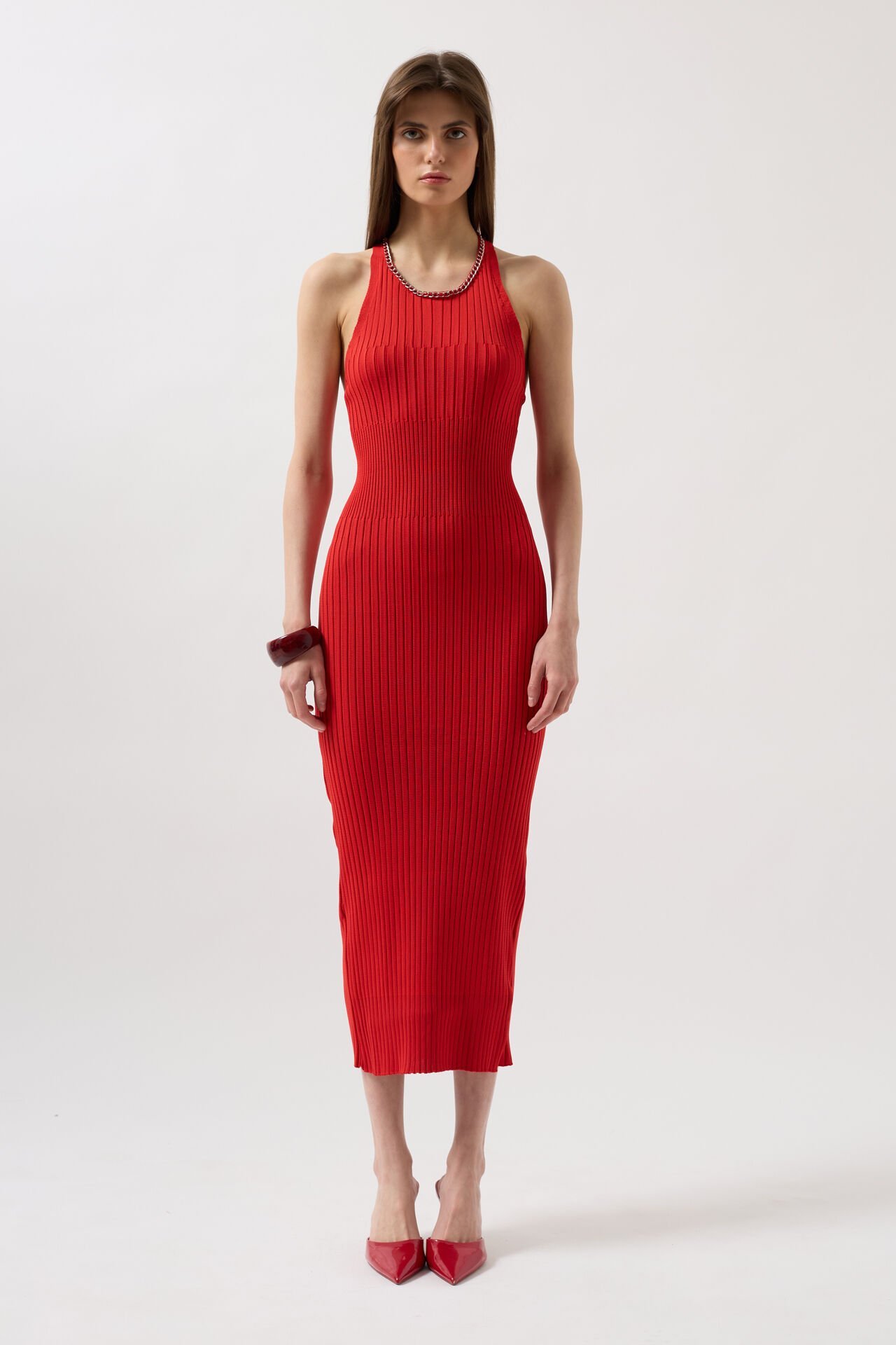 Wholesale Halter Neck Chain Accessory Cross Strap Red Dress