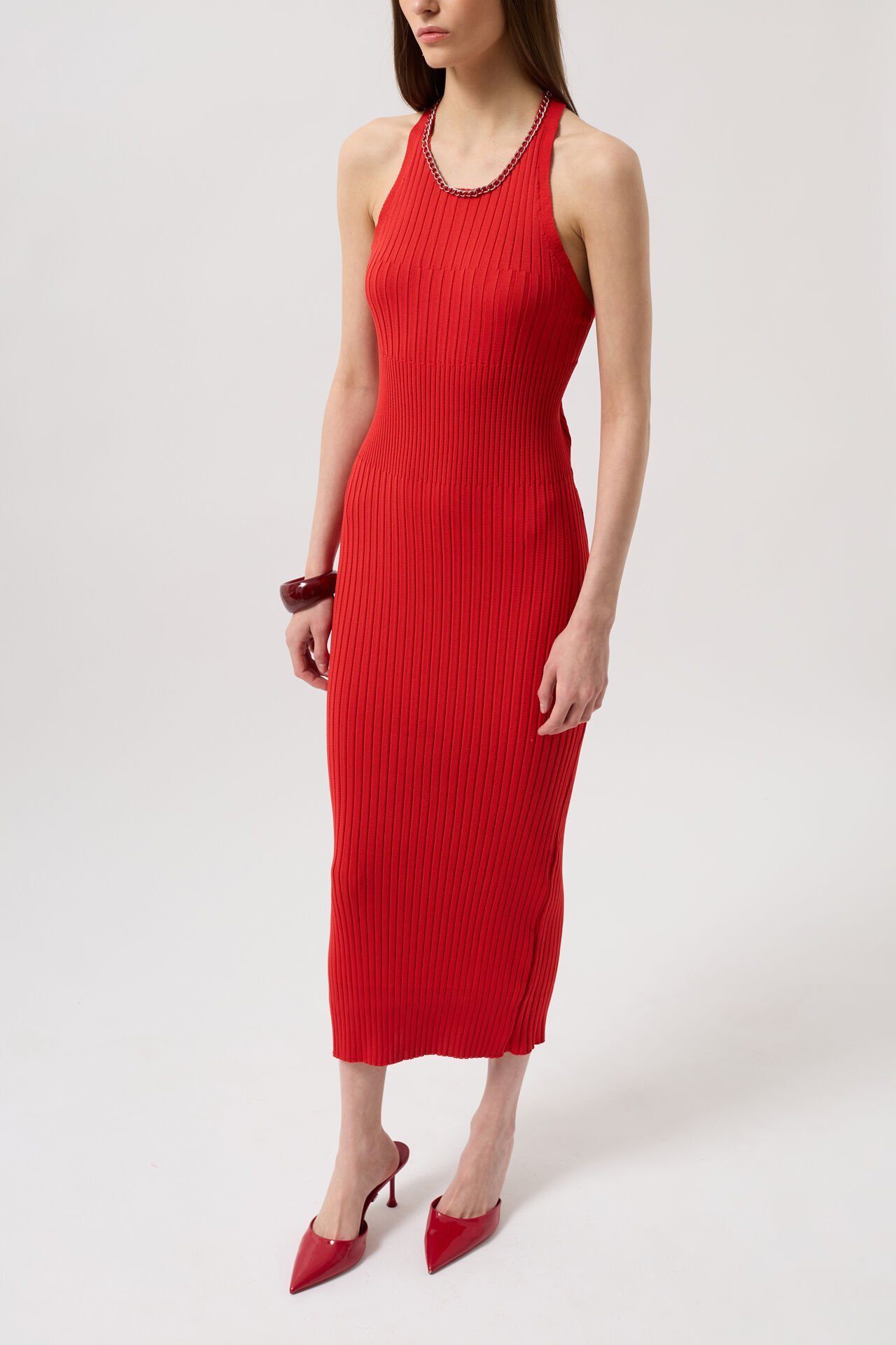 Wholesale Halter Neck Chain Accessory Cross Strap Red Dress