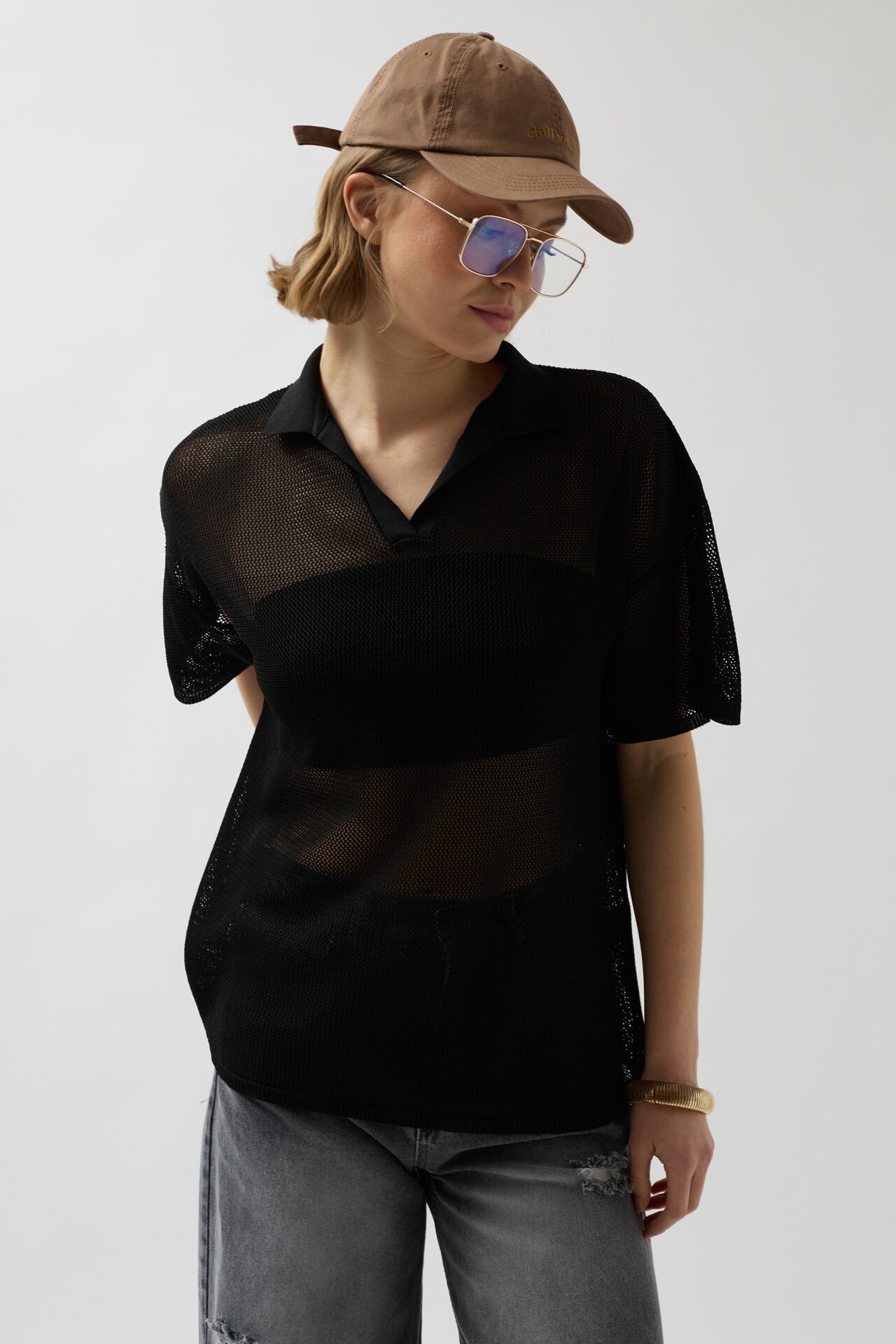 Toptan Polo Yaka Transparan Siyah T-Shirt