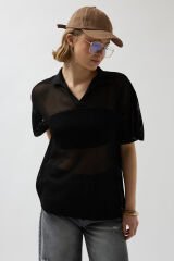 Toptan Polo Yaka Transparan Siyah T-Shirt