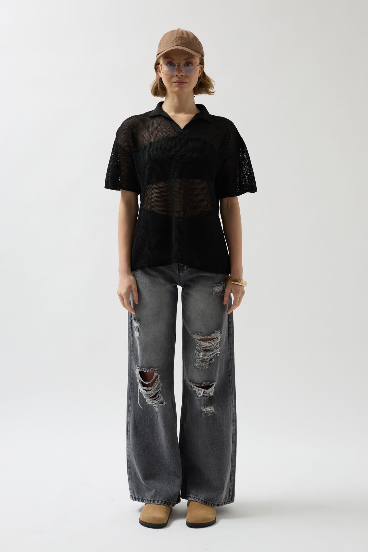 Toptan Polo Yaka Transparan Siyah T-Shirt