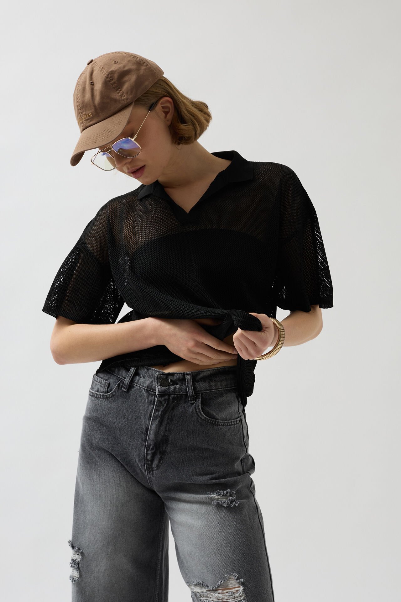 Toptan Polo Yaka Transparan Siyah T-Shirt