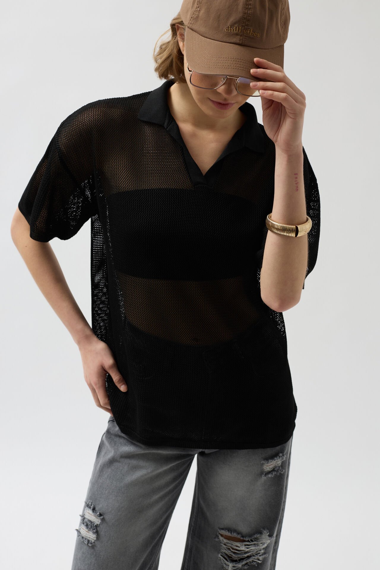 Toptan Polo Yaka Transparan Siyah T-Shirt