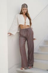 Wholesale Thin Belted Lace Detail Brown Trousers