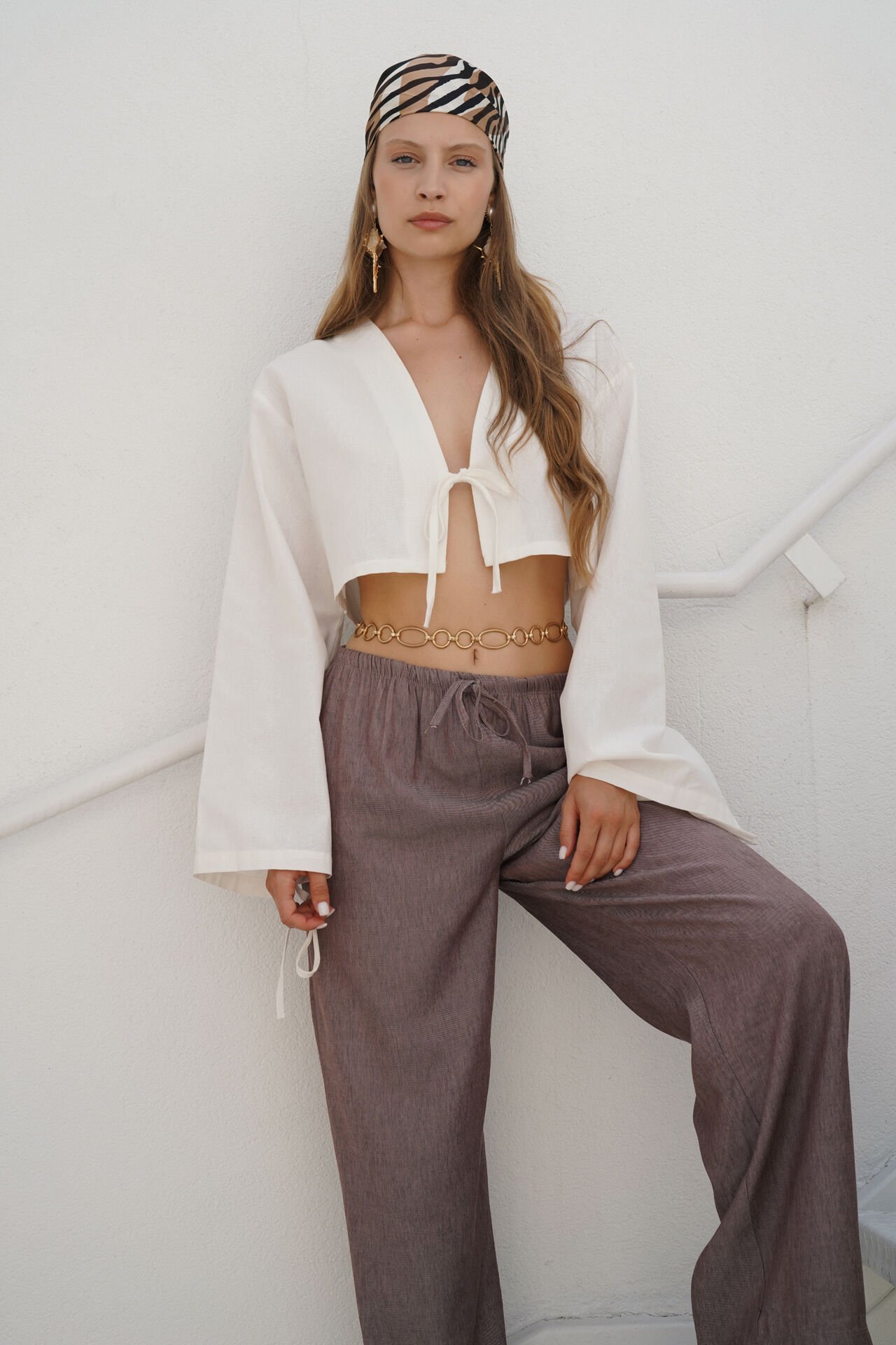 Wholesale Thin Belted Lace Detail Brown Trousers