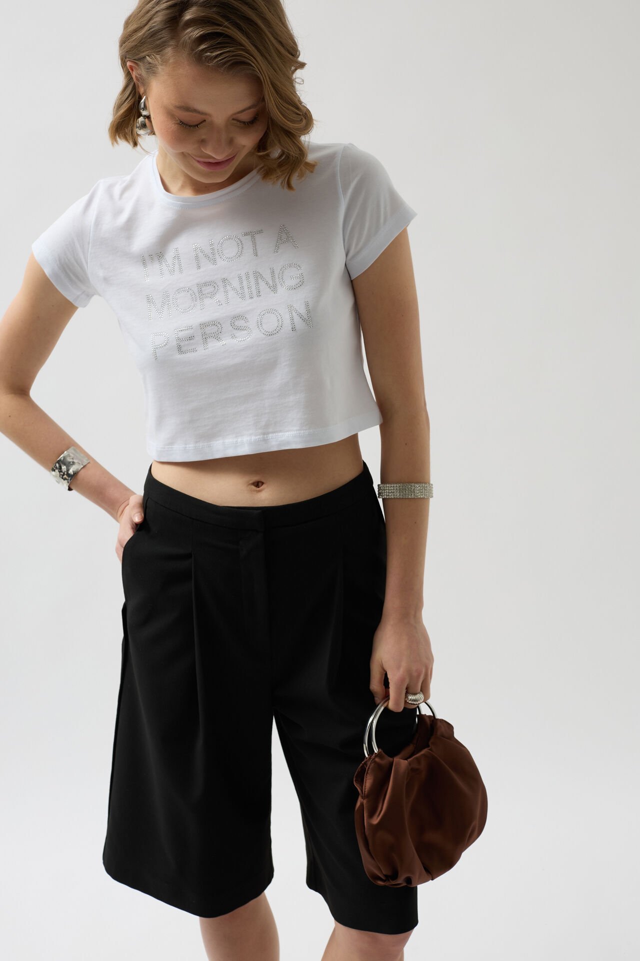 Toptan Taş Detay Beyaz Crop T-Shirt