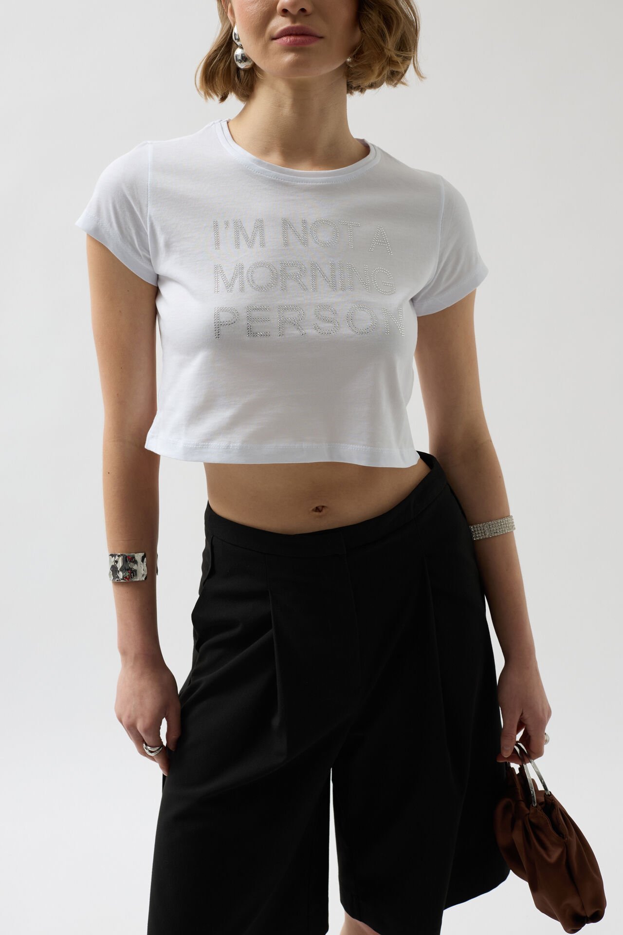 Toptan Taş Detay Beyaz Crop T-Shirt